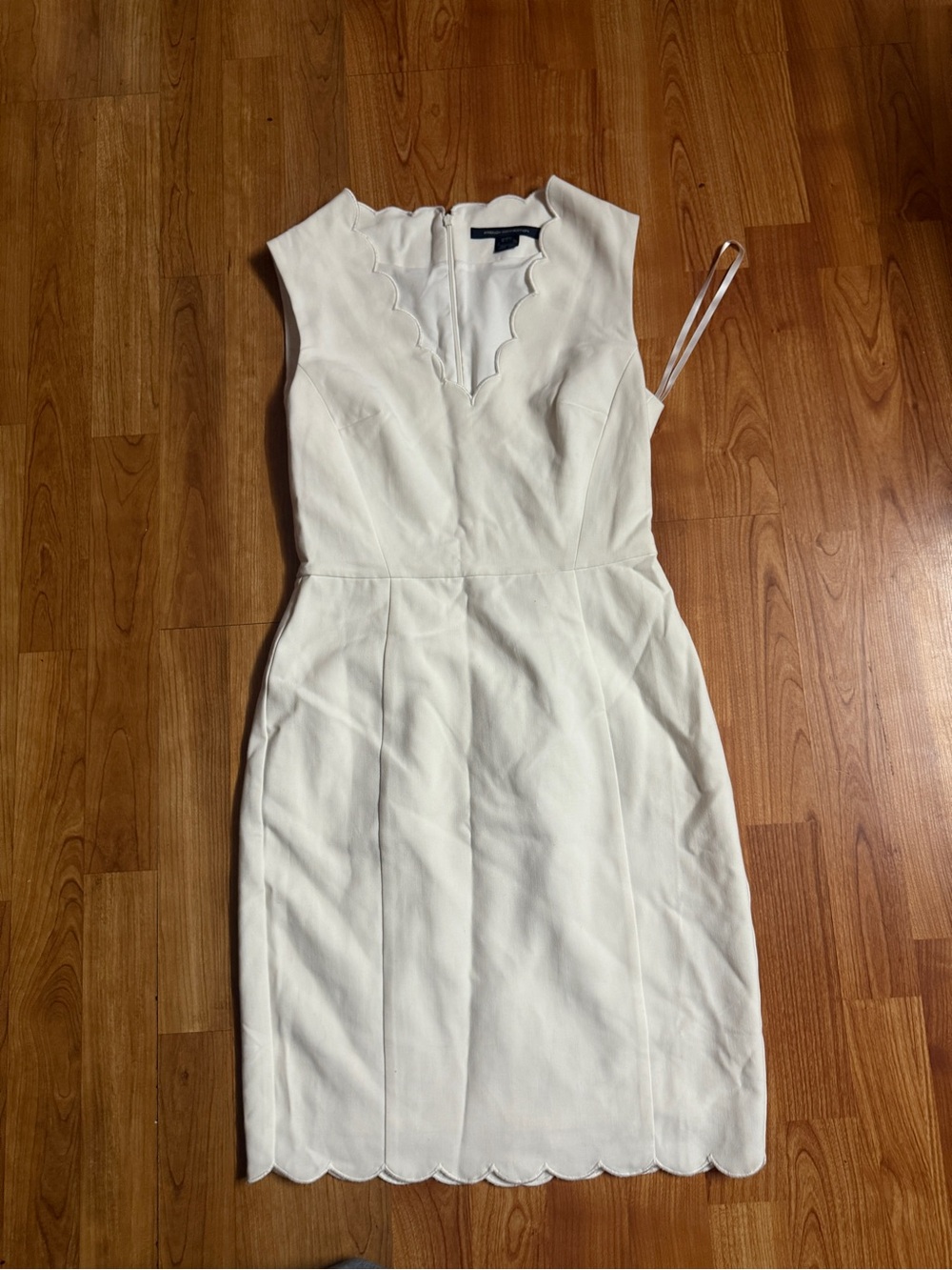 French Connection White Sleeveless Scallop-Trim Midi Sheath Dress